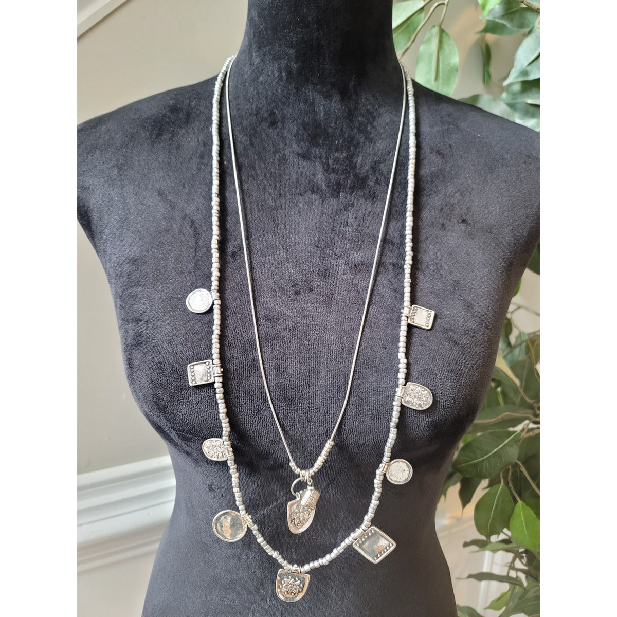 Chico's Women's Long Silver Beaded Necklace With Charms And Lobster Claw Lock