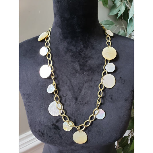 Women's Shell Disc Statement Necklace Textured Chain Toggle Clasp Boho Style