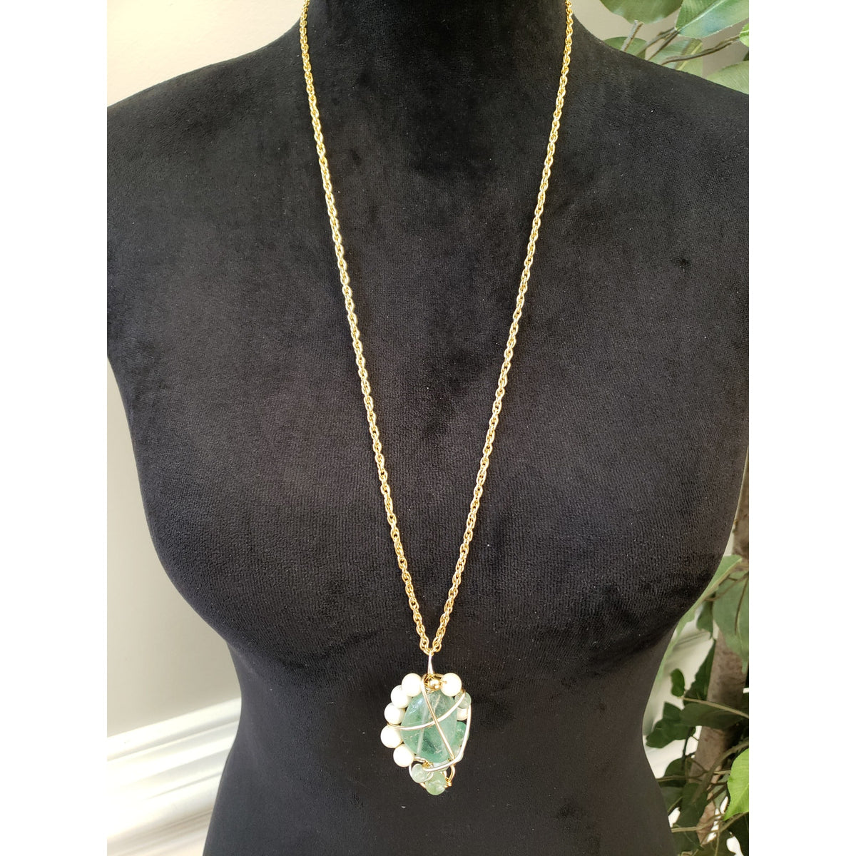 Handmade Gold Wire Wrapped Green Stone Pearl Pendant Necklace Boho Unique