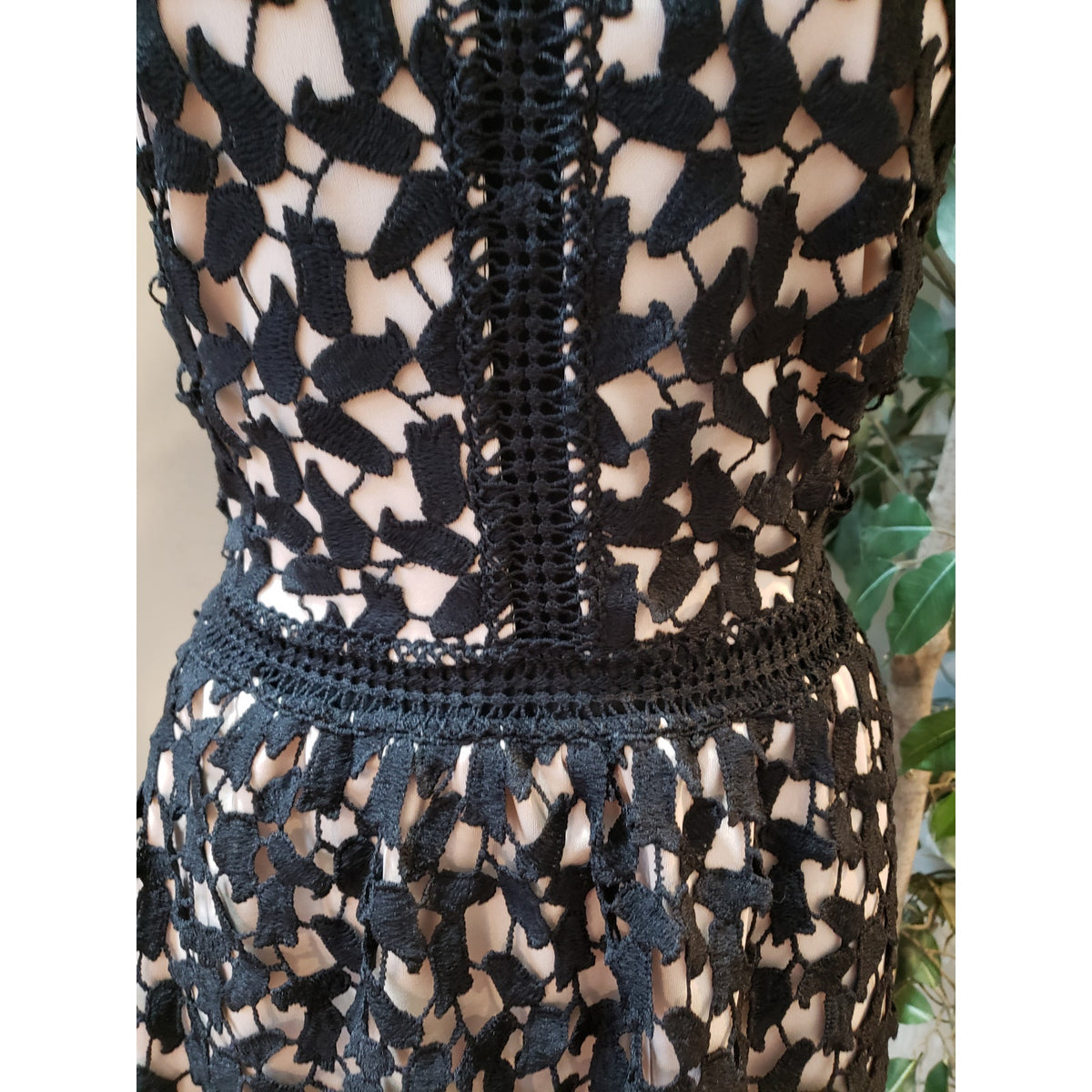 Depri A Line Dress Womens Large Beige Black Lace Overlay Halter Neck Racerback