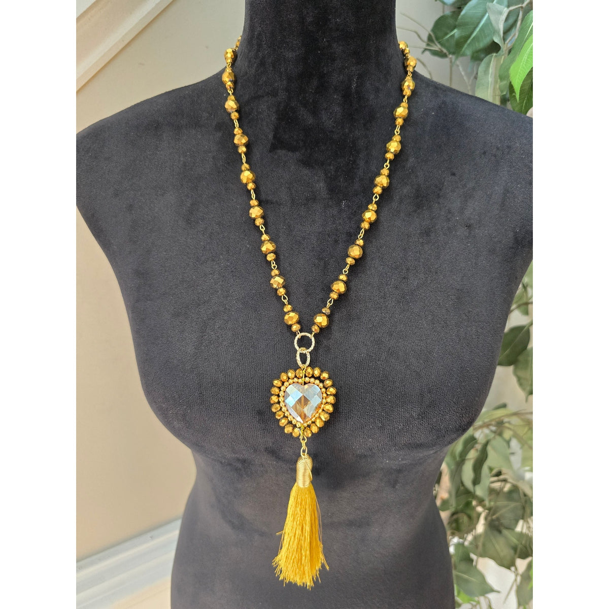 Gold Tone Beaded Heart Pendant Necklace Yellow Tassel Boho Statement