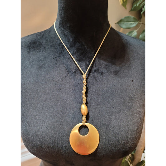 Women's Gold Circle Pendant Necklace with Braided Cord and Unique Bead Design