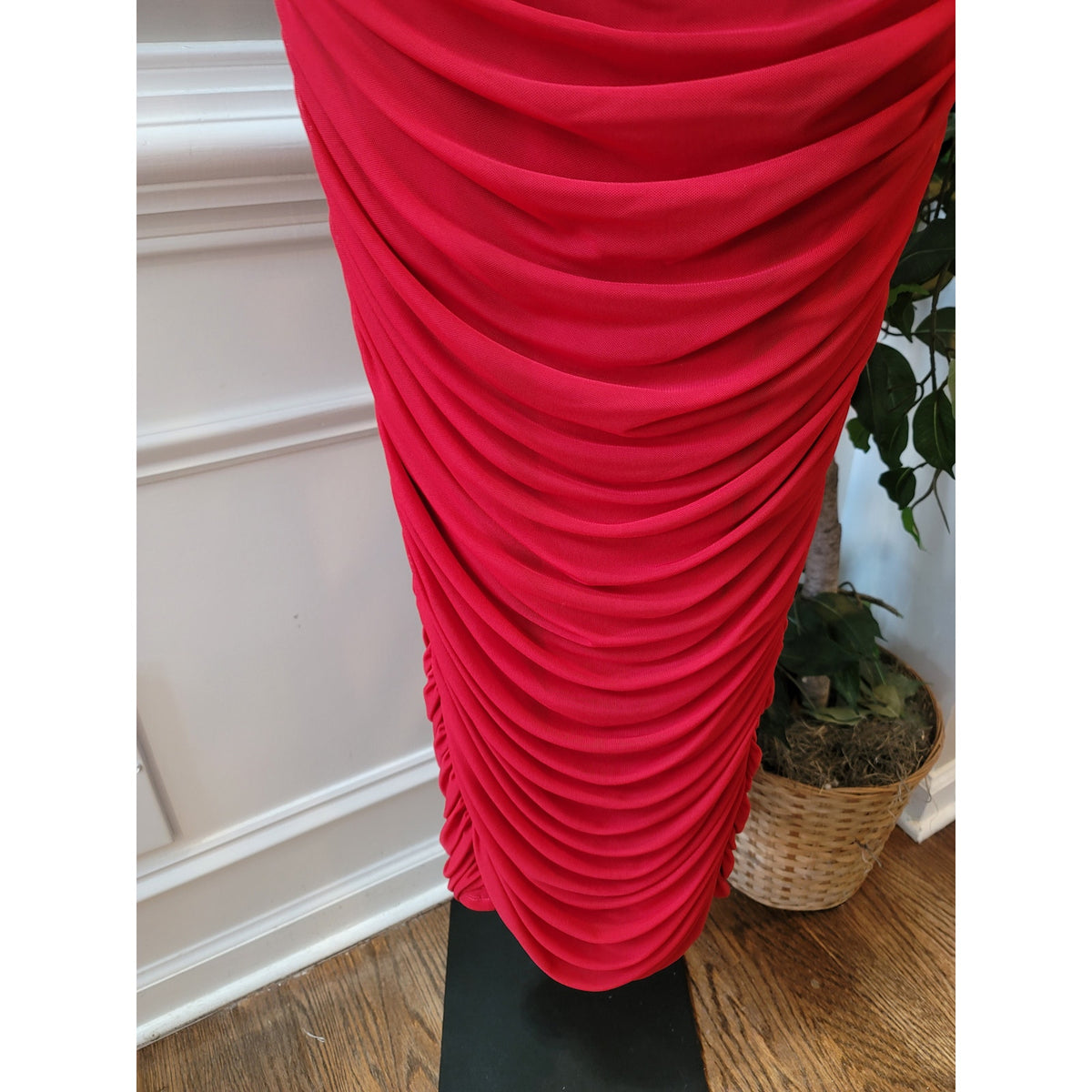 Fashion Nova Strapless Midi Dress Women's Medium Red Ruched 3D Floral Corsage