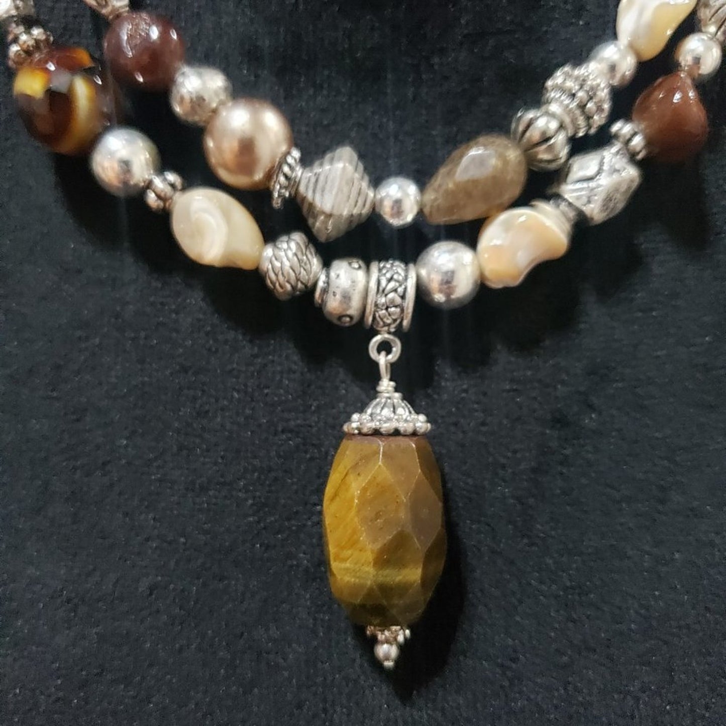 Women Fashion Double Strand Jasper Focal Stone Charm Beaded Pendant Necklace