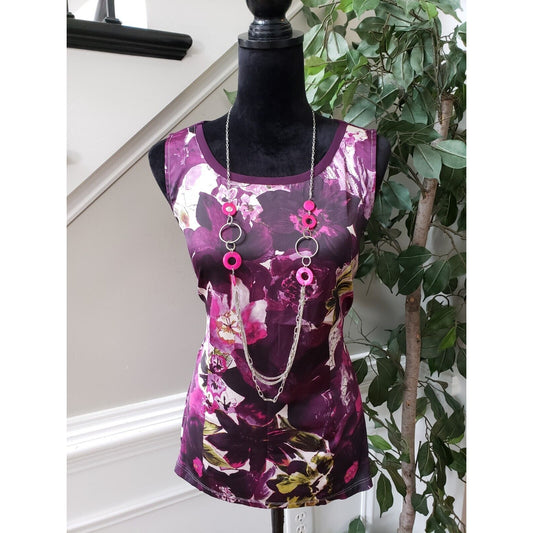 Ann Taylor Women Purple Floral Polyester Round Neck Sleeveless Top Blouse Medium