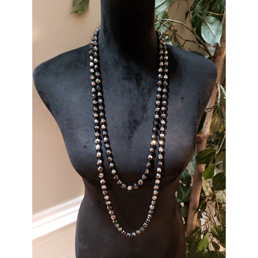 Womens Fashion Shimmering Faceted Glass Black Ball Beaded Long Necklace Jewelry