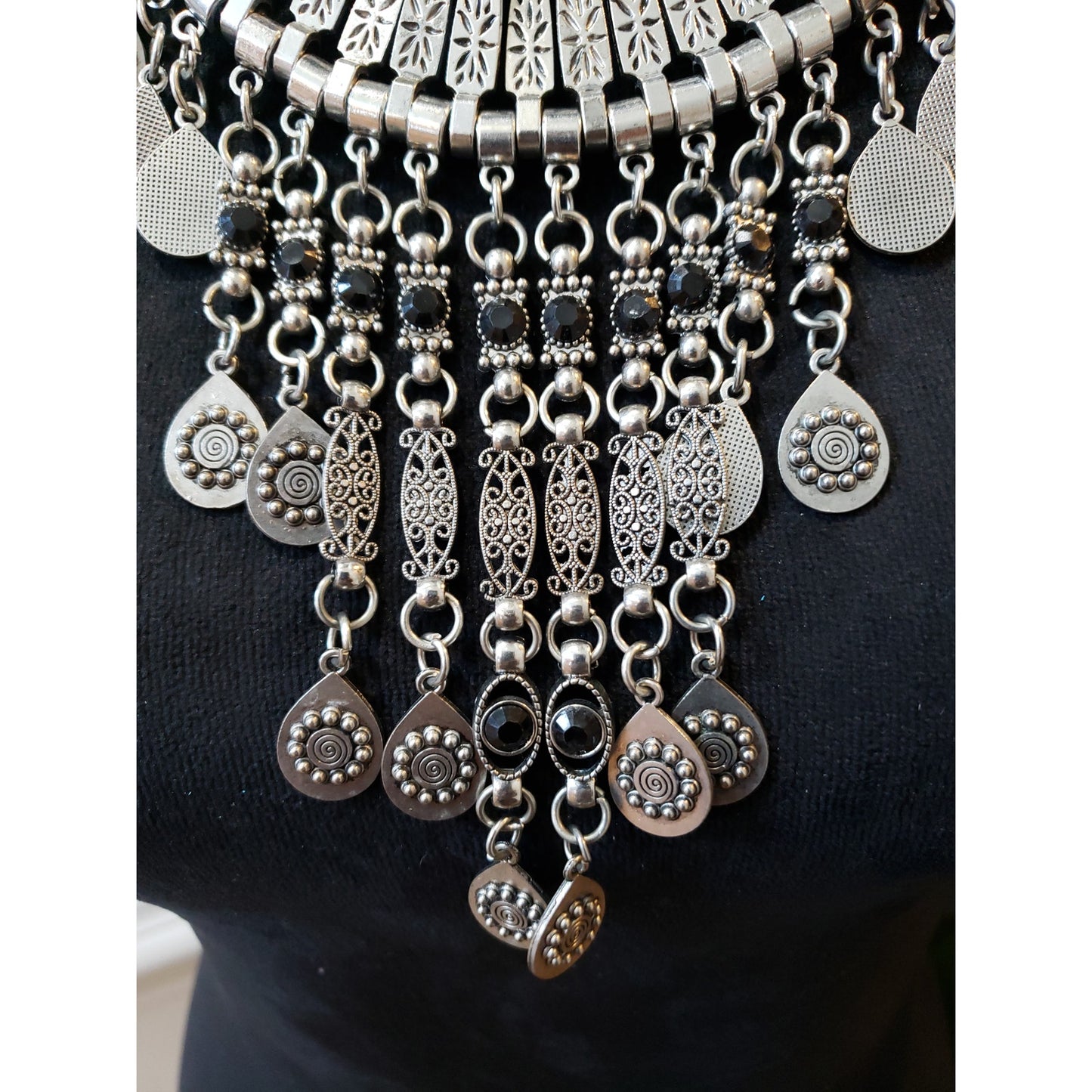 Womens Silver Tone Tribal Oxidised Charm Bib Statement Necklace with Lobster