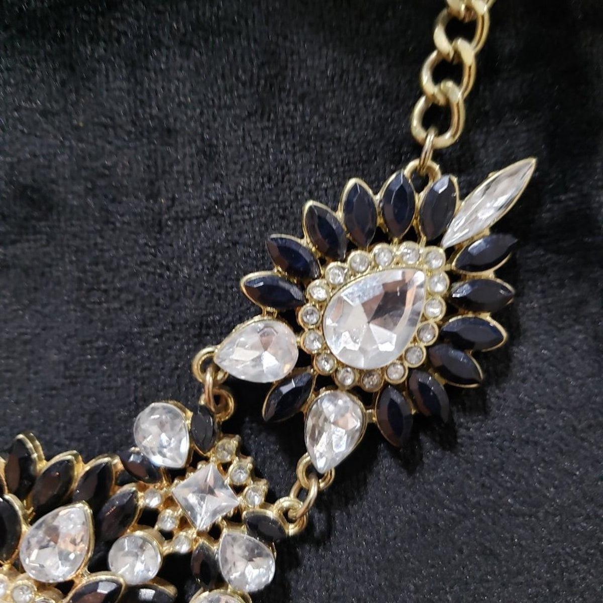 Womens Fashion Black & Clear Gold Tone Statement Bib Necklace with Lobster Clasp