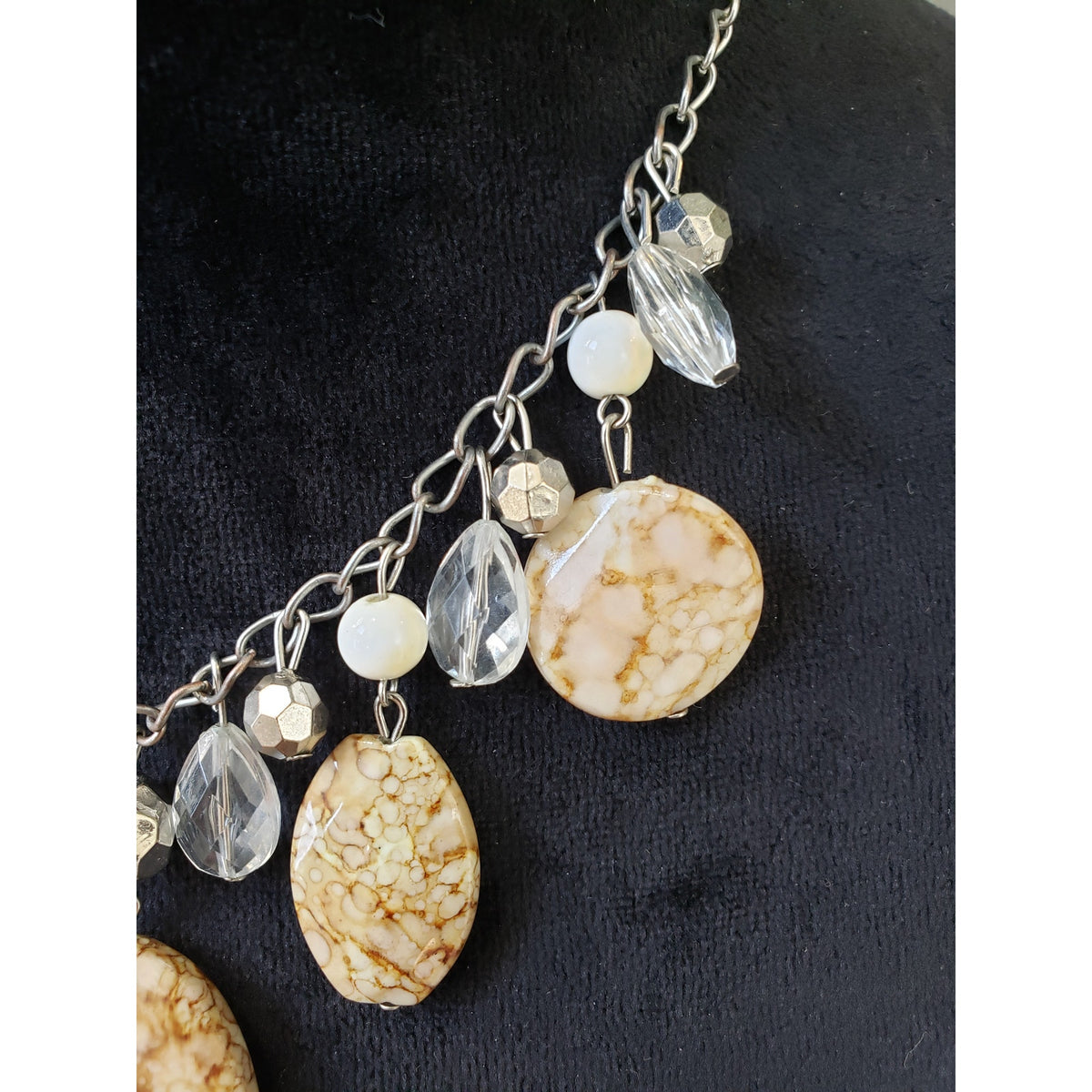 Womens Fashion Silver Tone Picture Jasper Crystals Beaded Drippy Necklace