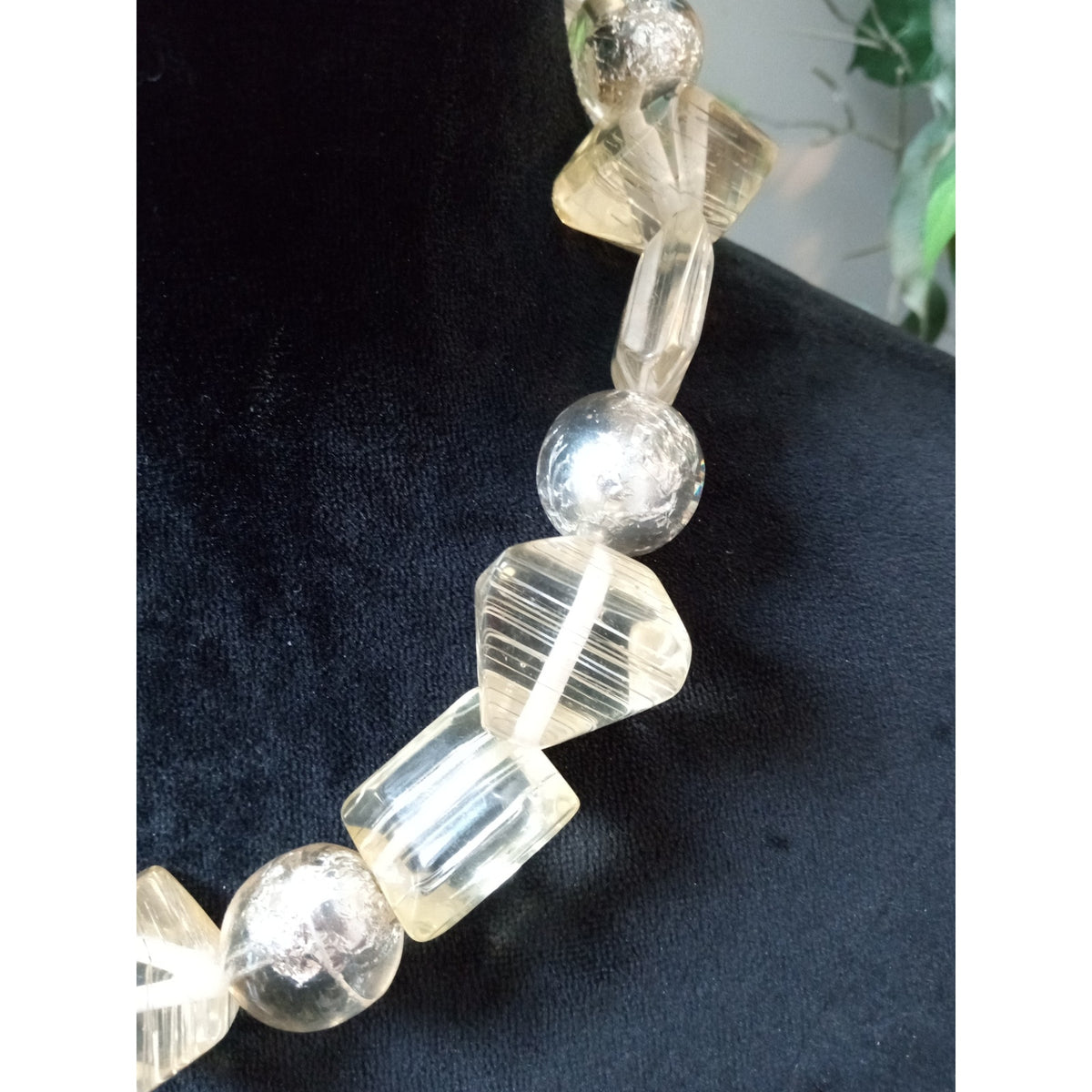 Clear Lucite Geometric Beaded Necklace Silver Tone Chunky Statement Necklace