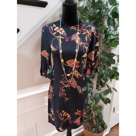H&M Black 100% Viscose Round Neck 3/4 Sleeve Casual Knee Length Dress Size 2