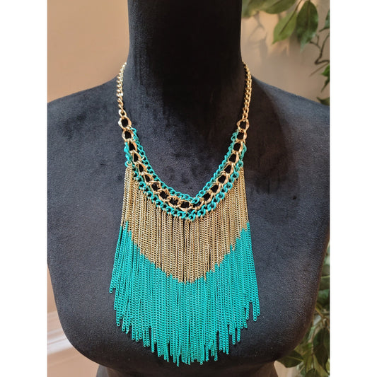 Women's Turquoise And Gold Fringe Statement Necklace With Lobster Clasp Lock