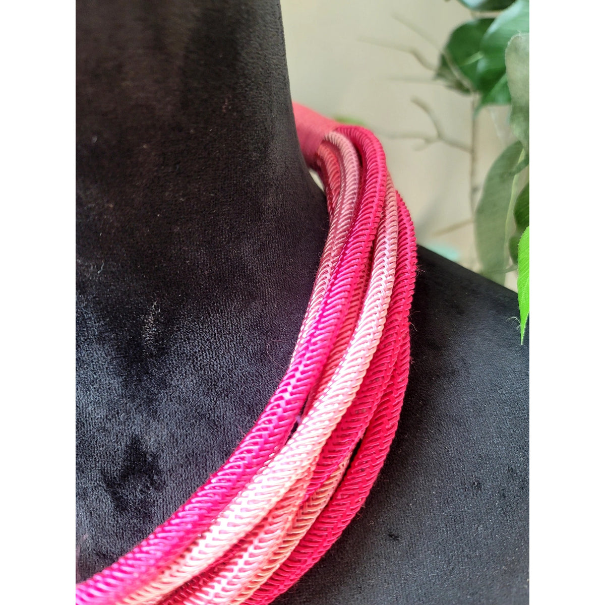 Pink Multi Strand Cord Necklace Large Gold Tone Star Pendant Statement Jewelry