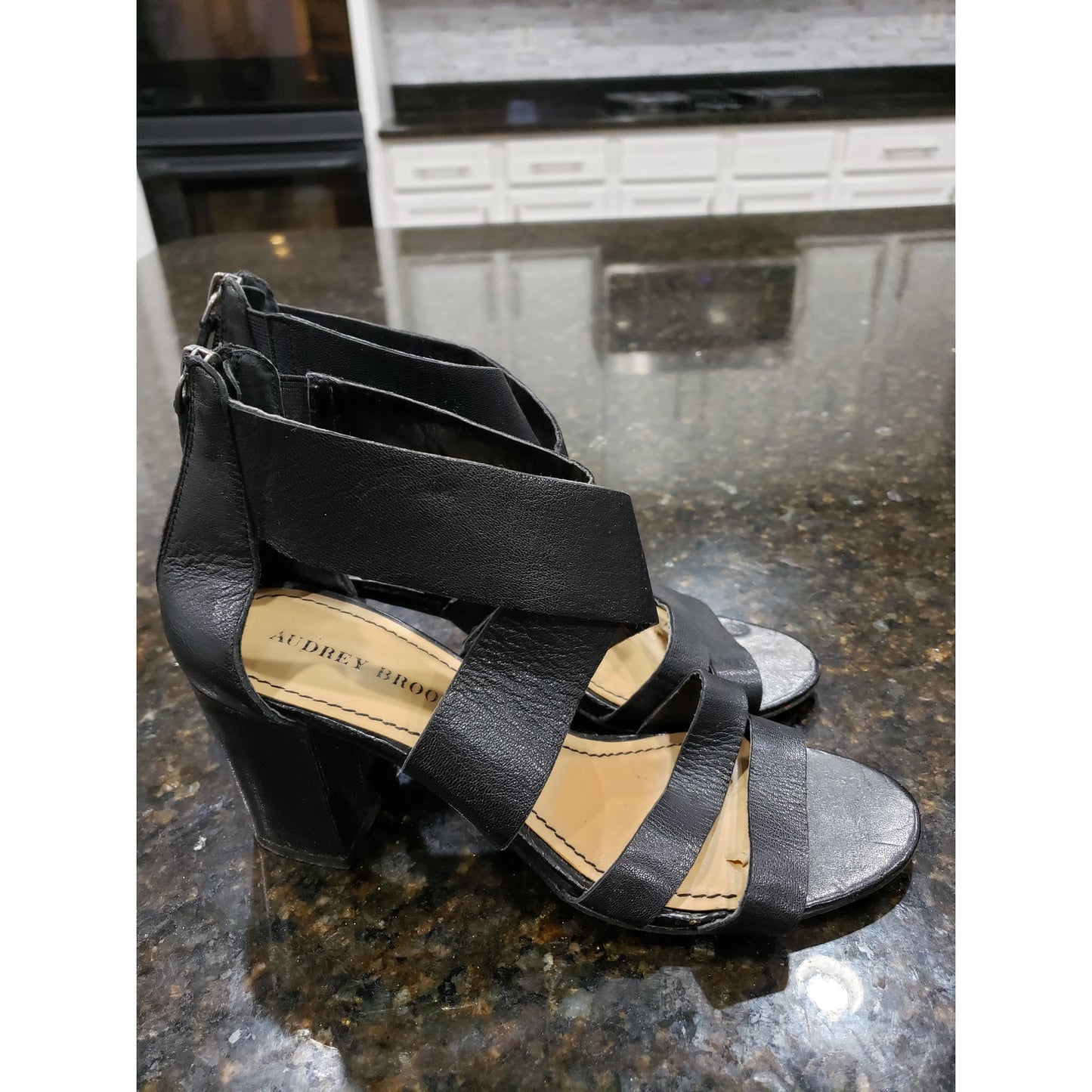 Audrey Brooke Sandal Womens Size 9 Black Leather Double Two Straps Block Heel