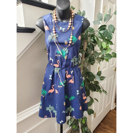 Bailey Blue Women's Navy Tropical Flamingo Print Crew Neck Knee Length Dress M