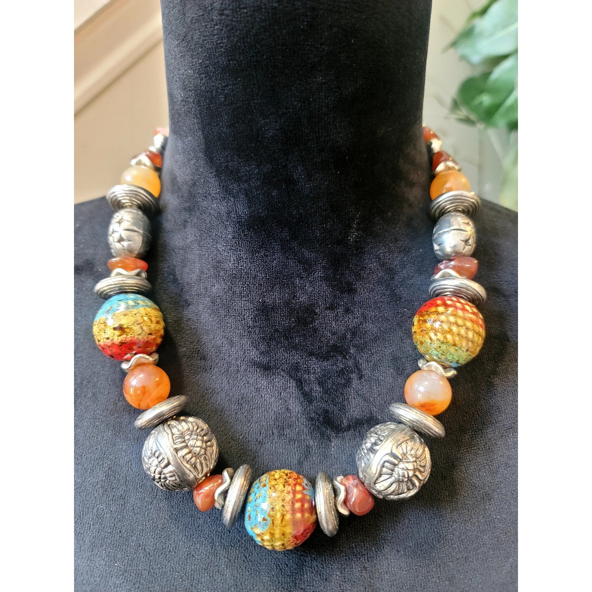 Southwestern Artisan Silver Tone Statement Necklace Multicolor Ceramic Beads