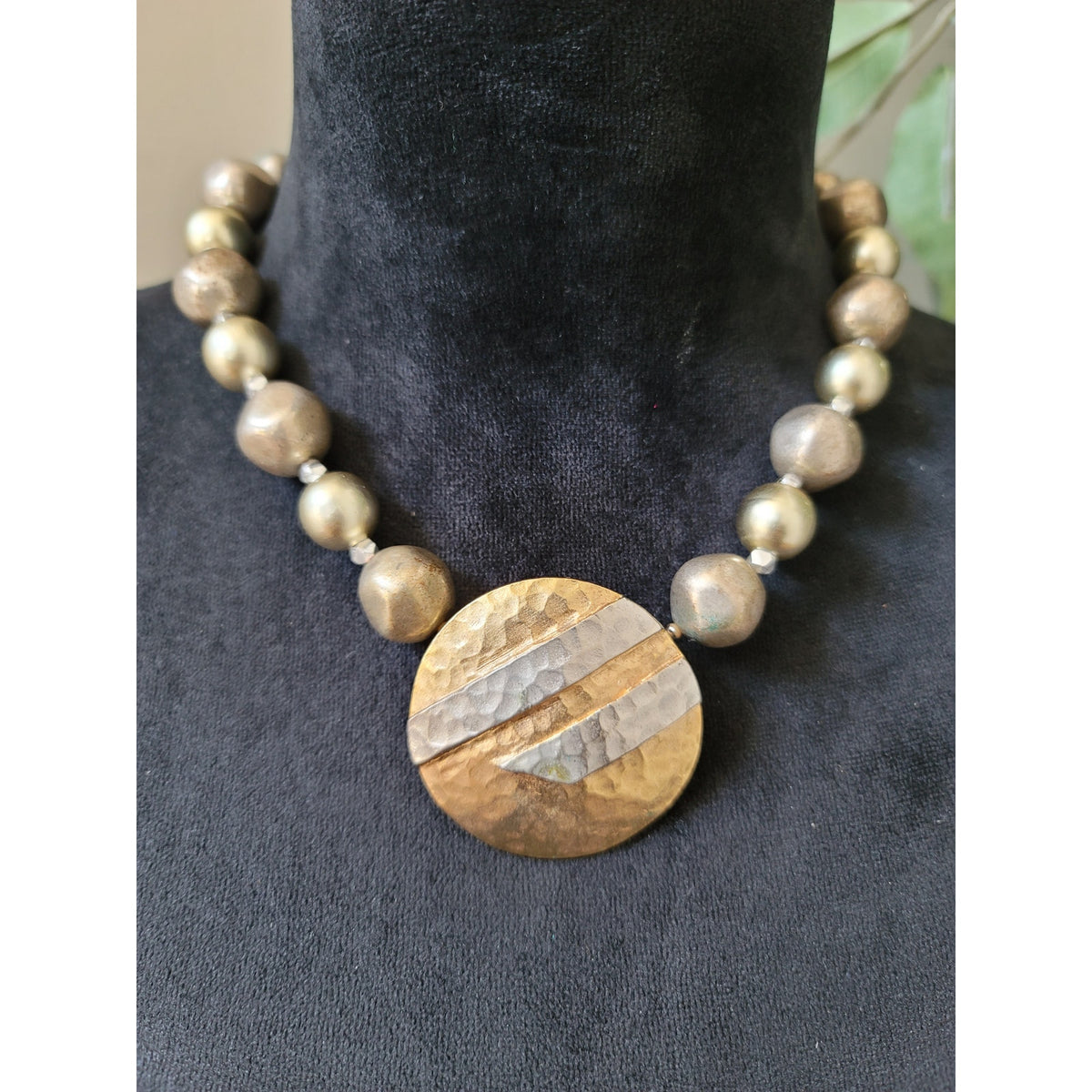 Women's Hammered Metal Pendant Beaded Statement Necklace with Lobster Clasp