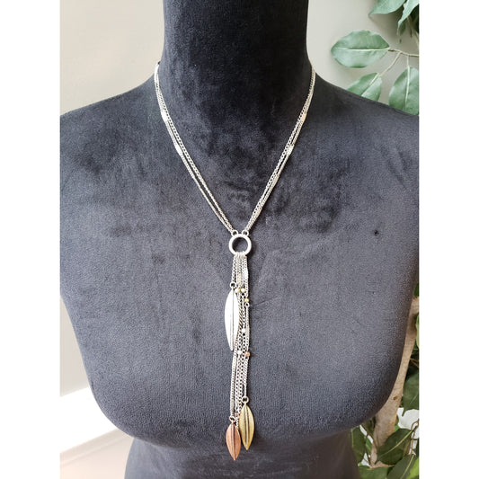 Women Multi Chain Leaf Pendant Necklace Toggle Clasp Silver Gold Rose Tone Charm