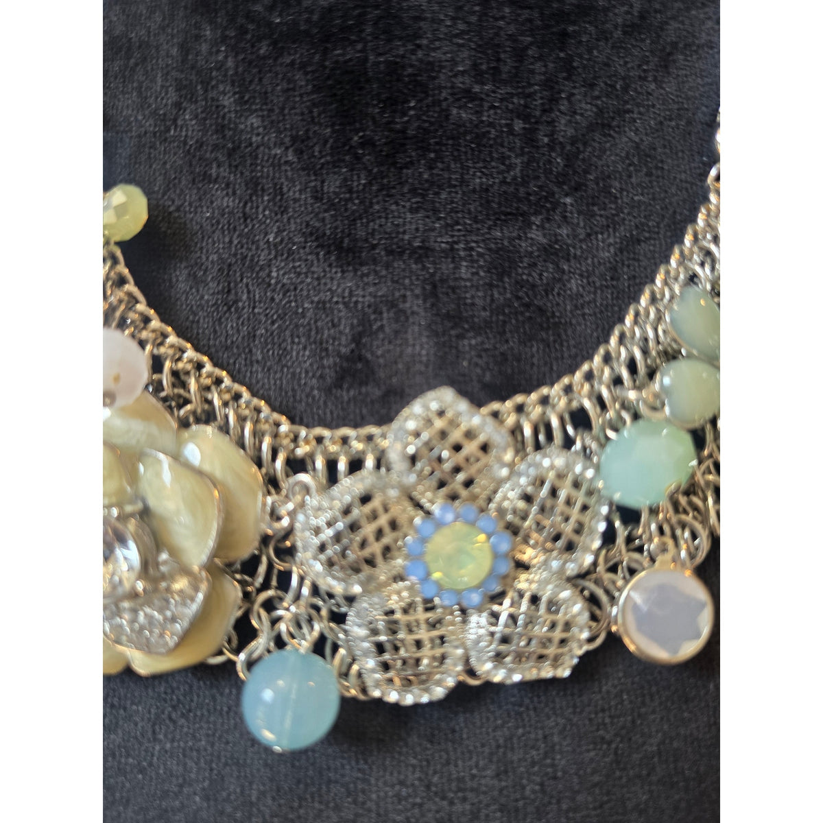 Silver Tone Pastel Floral Rhinestone Bib Statement Necklace