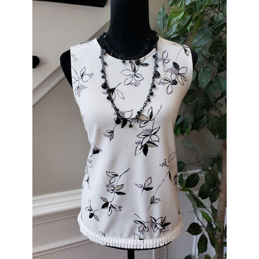 Ann Taylor Women's White Floral Tussle Round Neck Sleeveless Top Blouse Size XS
