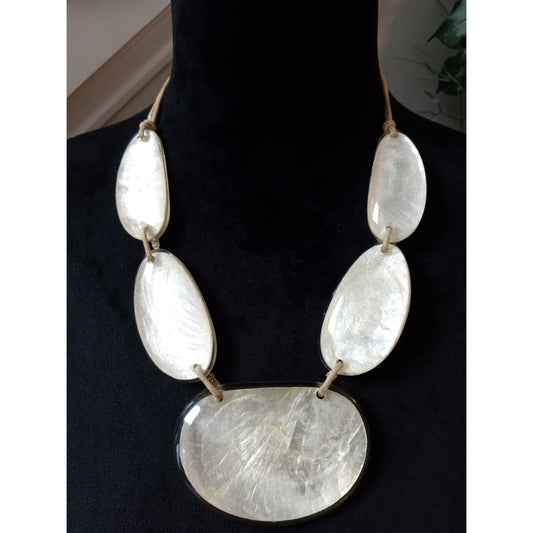 Large White Mother of Pearl Shell Statement Necklace Oval Bib Natural Shell