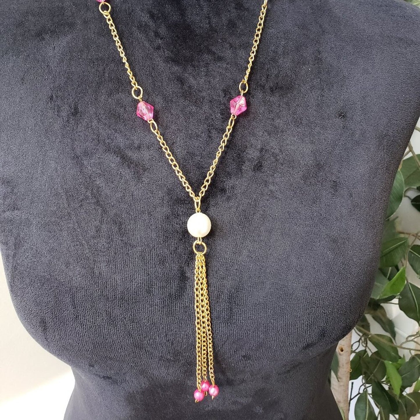 Women's Ivory & Pink Pearl Beaded Tassel Pendant Necklace with Lobster Clasp