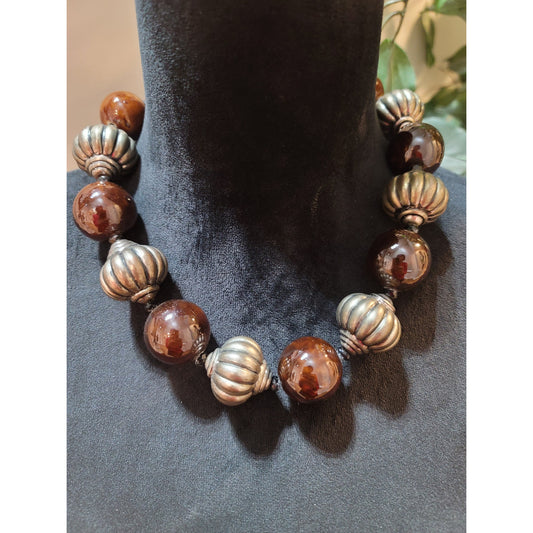 Women's Chunky Brown Beaded Necklace With Antique Silver Accents And Chain Lock
