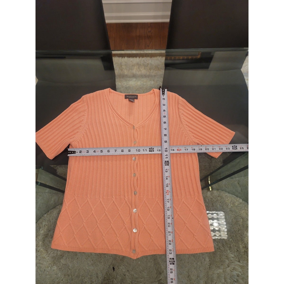 Van Heusen Cardigan Sweater Women Large Peach Ribbed Knit Button Up Short Sleeve