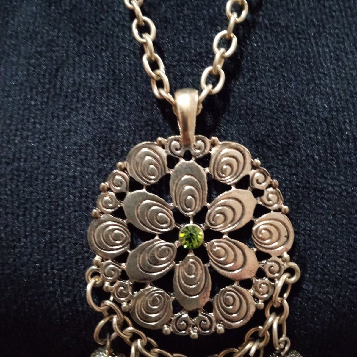 Womens Fashion Boho Style Chunky Gold Tone Carved Floral Pendant Long Necklace