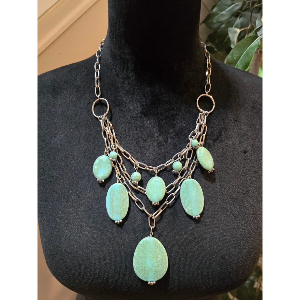Women's Chunky Multi Strand Silver Tone Necklace Green Stone Statement Bib