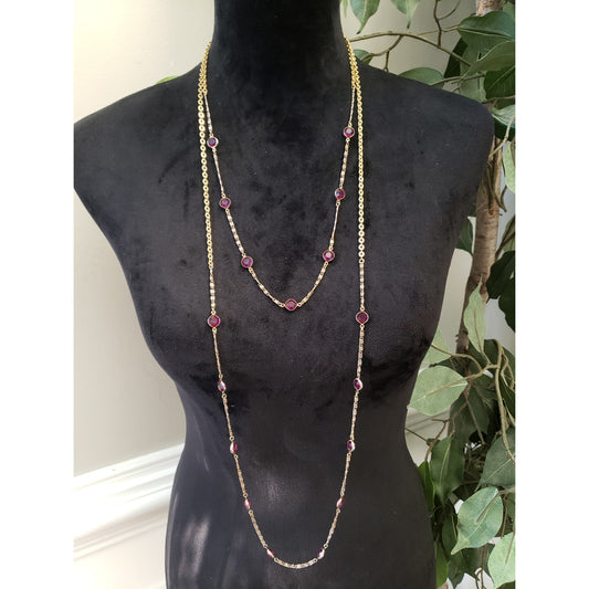 Rachel Women 2 Strand Gold Tone Red Zirconia Bazel-set  Chain Necklace