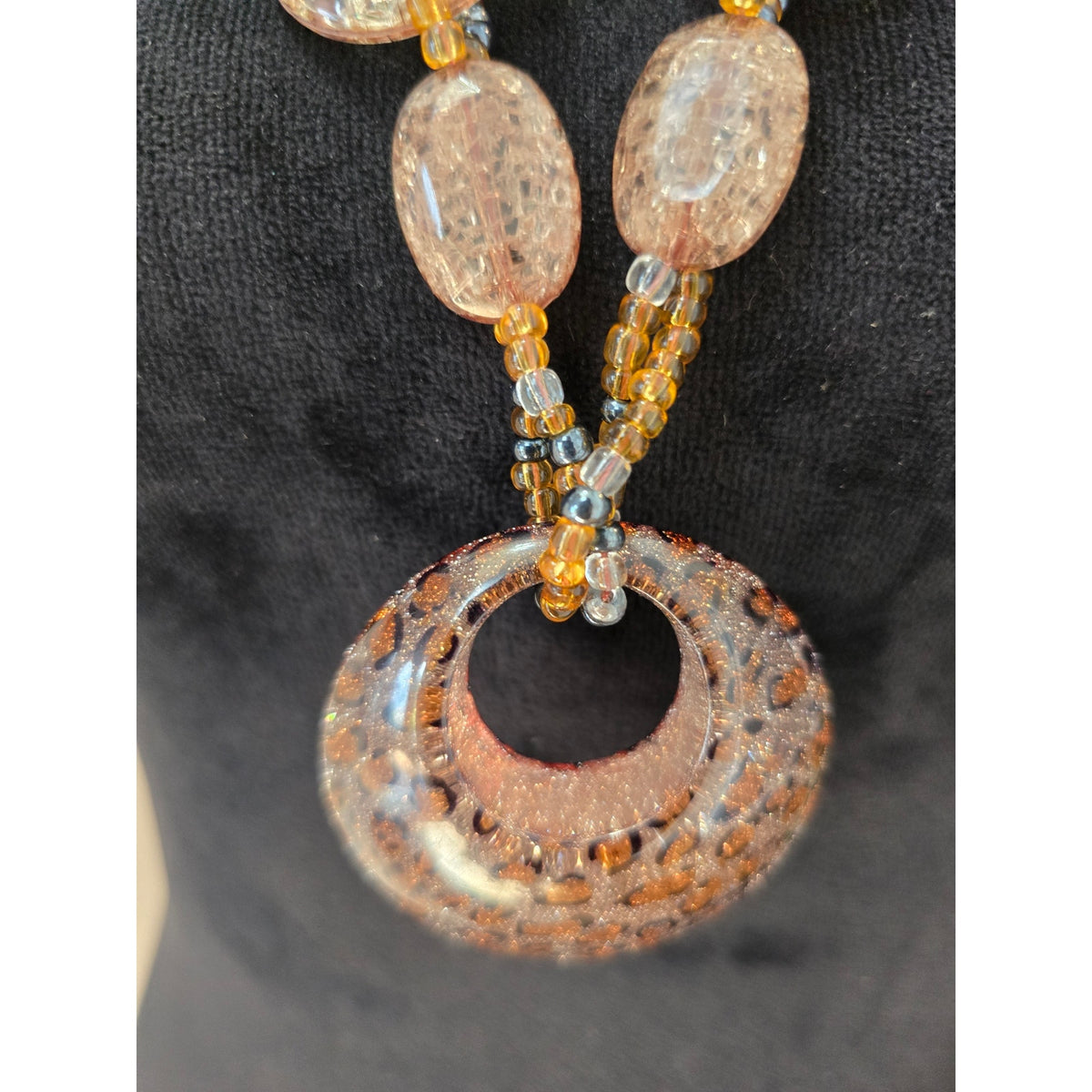 Long Pink Bronze Beaded Pendant Statement Necklace Boho Style