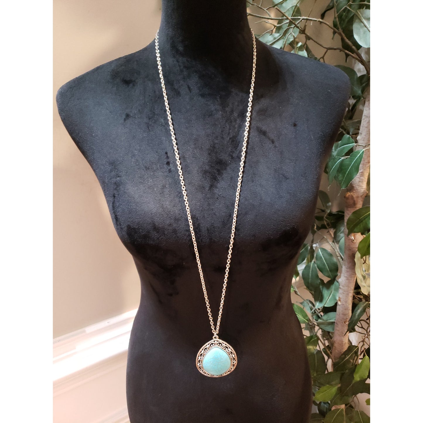 Womens Gold Tone Teardrop Turquoise Filigree Pendant Necklace with Cuff Bracelet