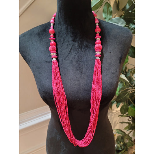 Women's Pink Multi Strand Beaded Necklace Handmade Statement Jewelry Piece