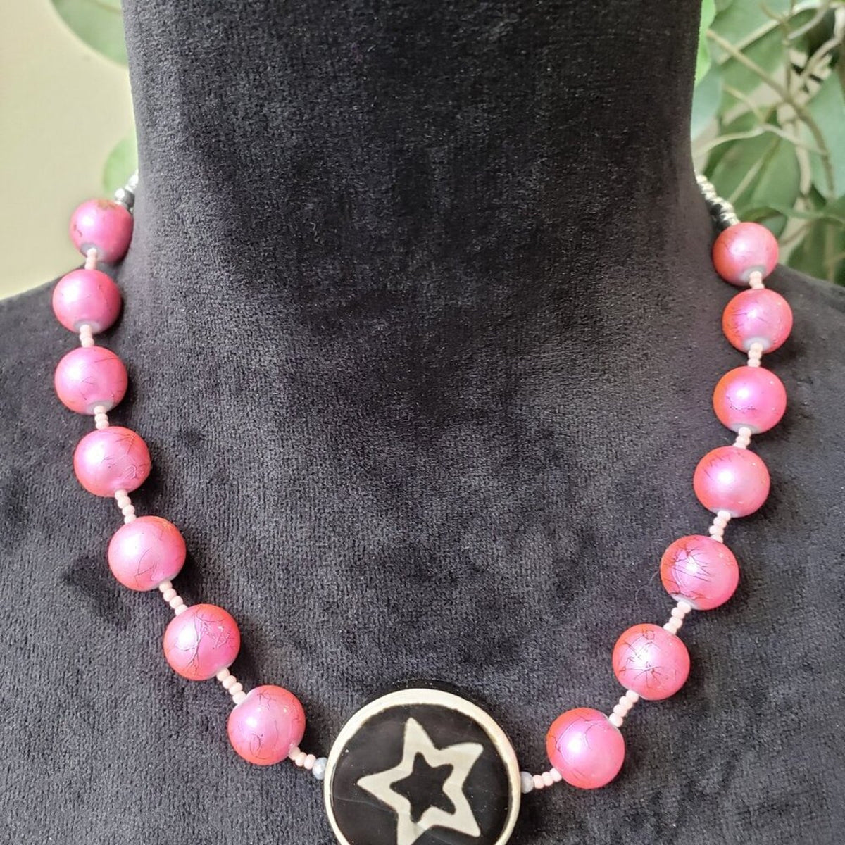 Womens Pink White Tagua Beaded Star Symble Pendant Necklace with Lobster Clasp