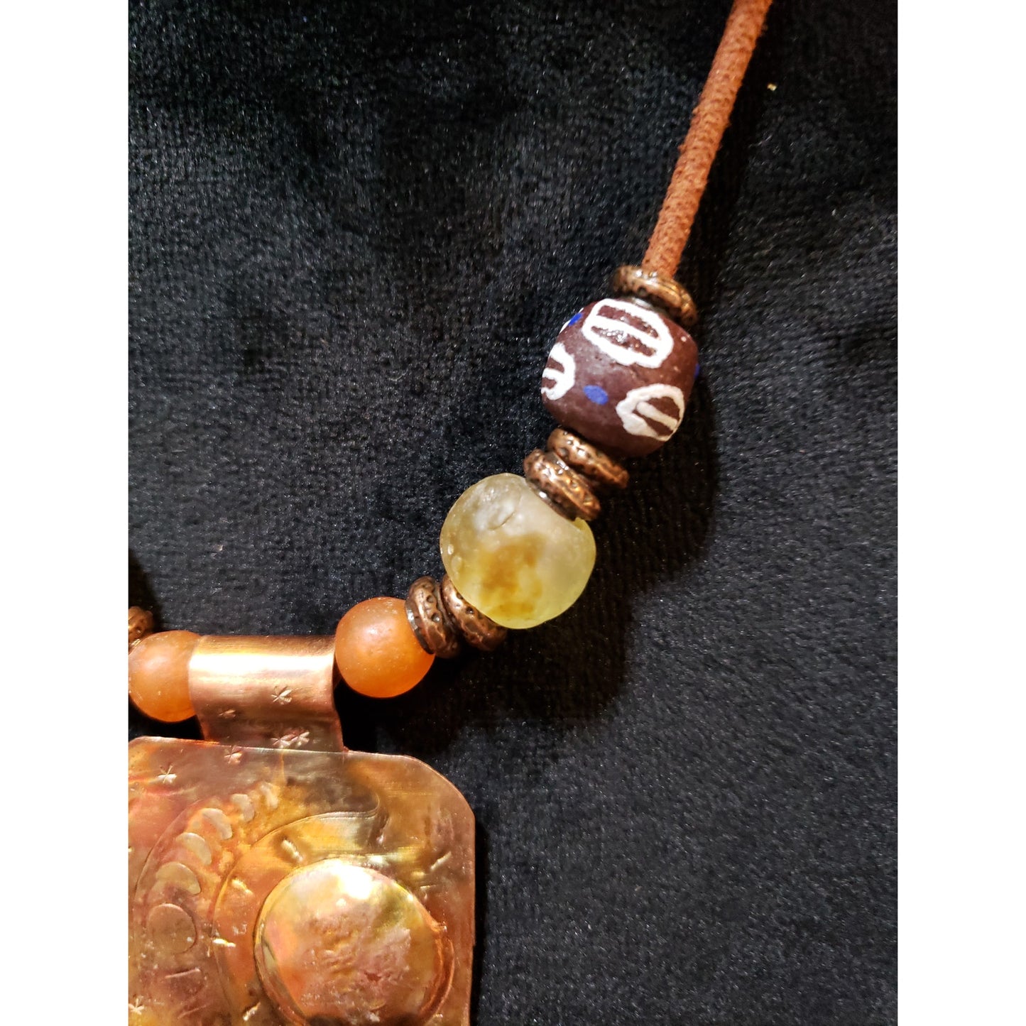 Womens Carnelian Bronze Spacers Beads on Suede Cord Carved Pendant Necklace