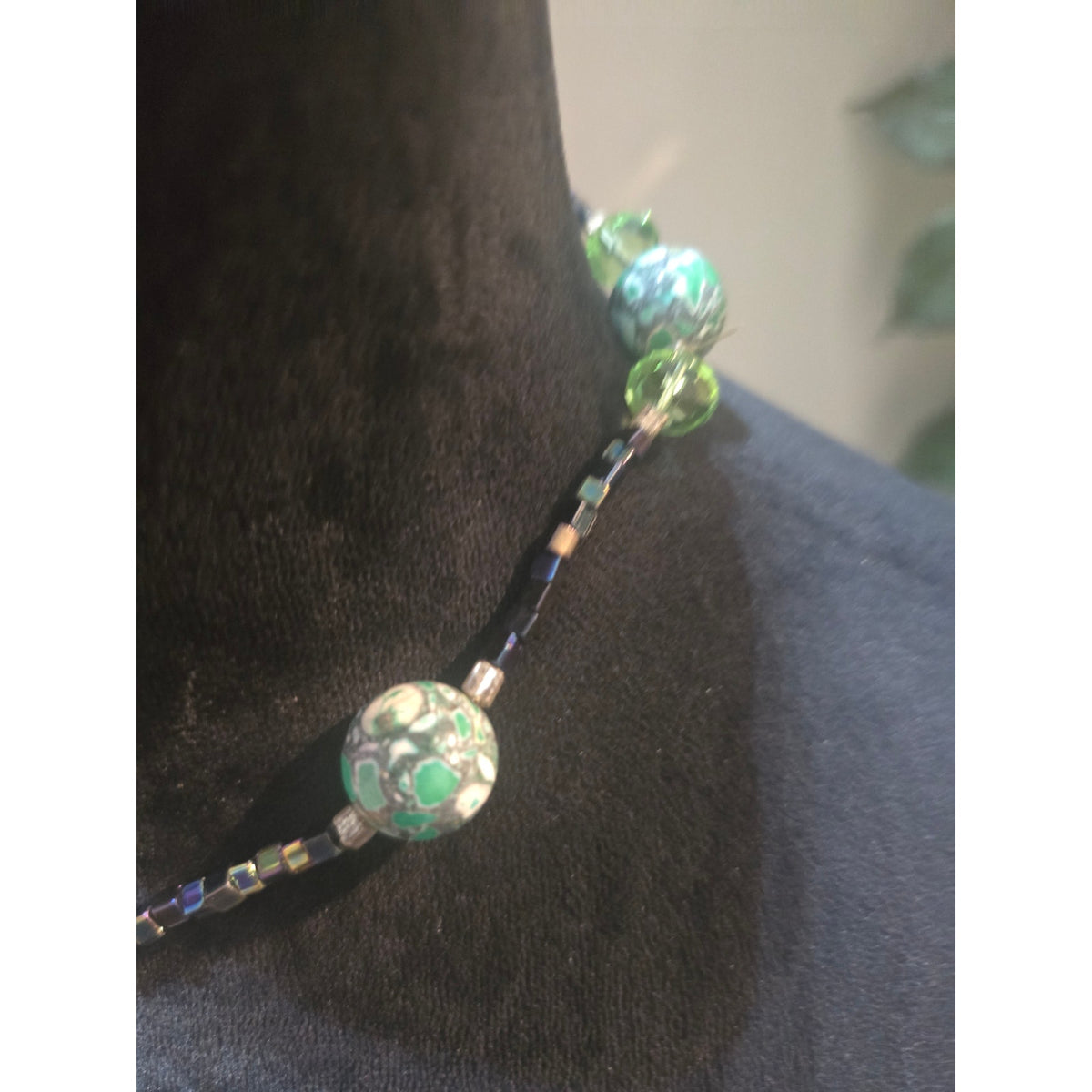 Women's Green Beaded Necklace With Silver Butterfly Pendant And Toggle Clasp