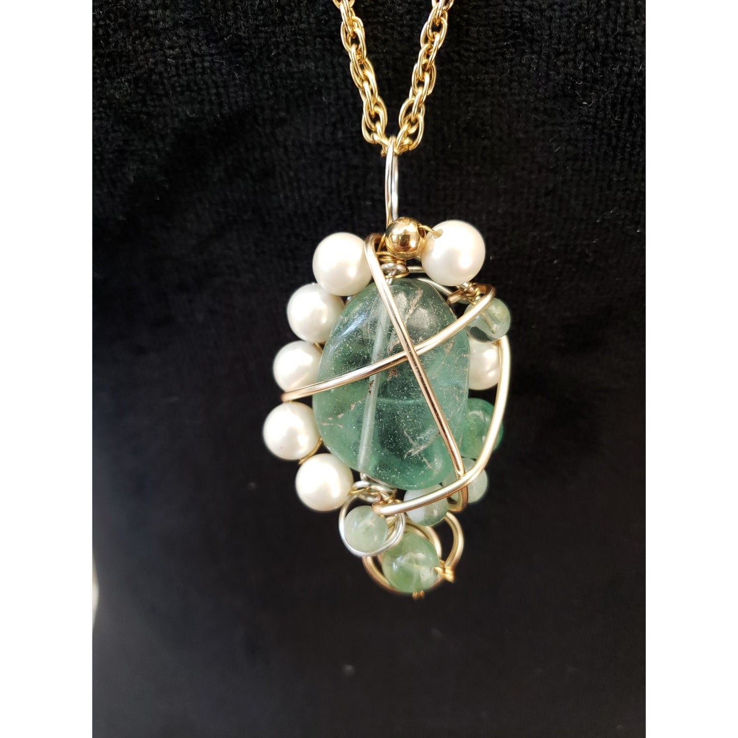 Handmade Gold Wire Wrapped Green Stone Pearl Pendant Necklace Boho Unique