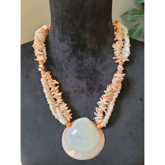 Women's Natural Shell Pendant Necklace With White And Peach Heishi Shell Beads