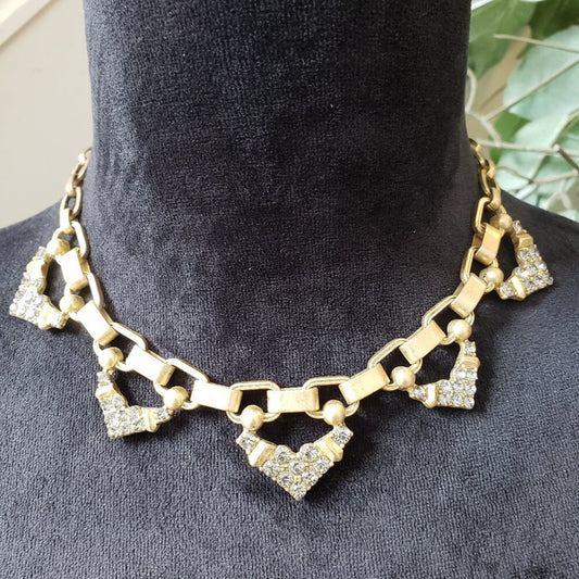 Women's Gold Tone Rhinestone Crystal Triangle Necklace with Spring Ring Clasp