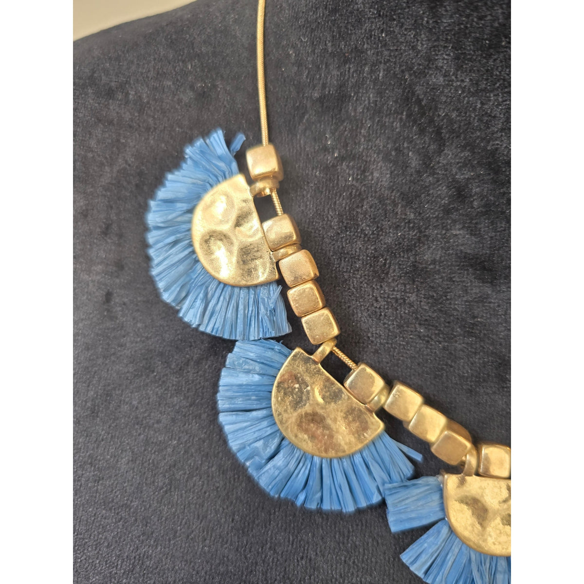 Blue Fringe Gold Disc Statement Necklace