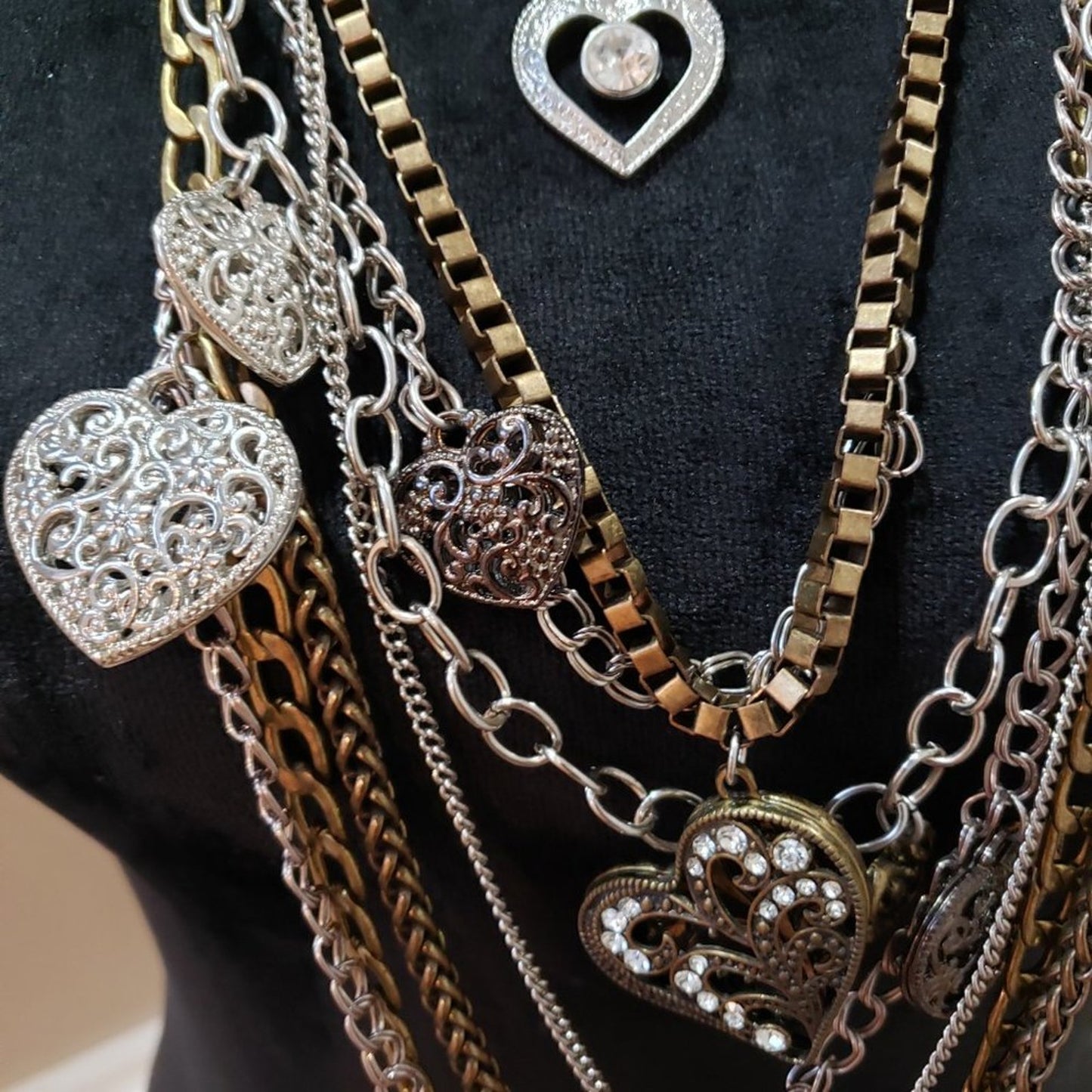 Womens Fashion Brass Multi Strand Heart Pendant Statement Necklace Lobster Clasp