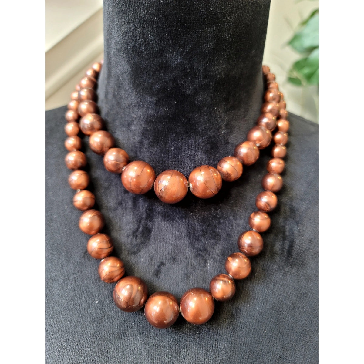 Chunky Brown Wood Bead Necklace Double Strand Natural Wooden Statement Jewelry