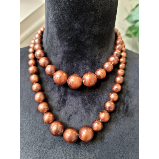 Chunky Brown Wood Bead Necklace Double Strand Natural Wooden Statement Jewelry