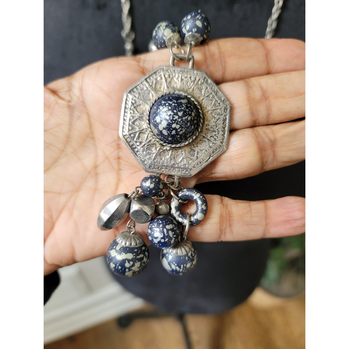 Women's Silver Chain Necklace With Blue Speckled Beads And Lobster Claw Lock