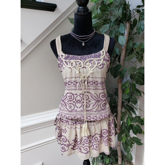 Freelance Tunic Top Womens Large White Purple Print Smocked Waist Ruffle Hem
