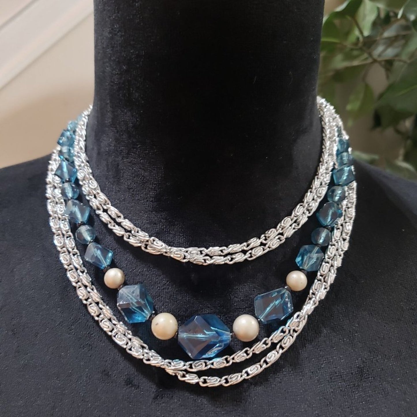 Womens Bohemian Multi Strand Faux Pearl Blue Beaded Silver Tone Chain Necklace