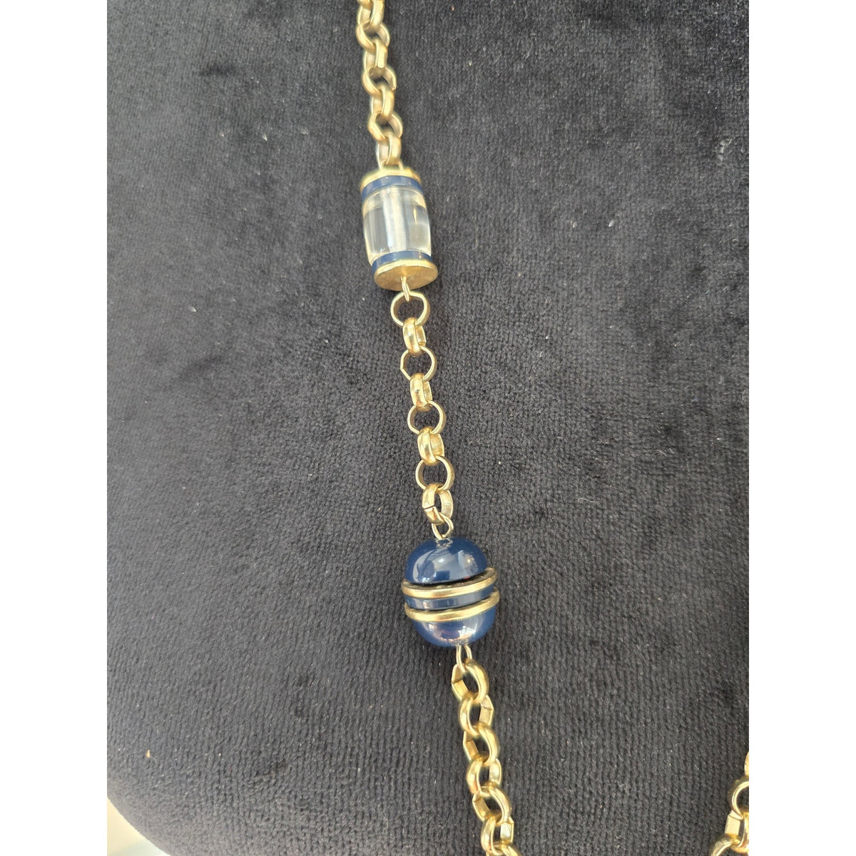 Navy Blue Beaded Gold Tone Tassel Long Pendant Necklace