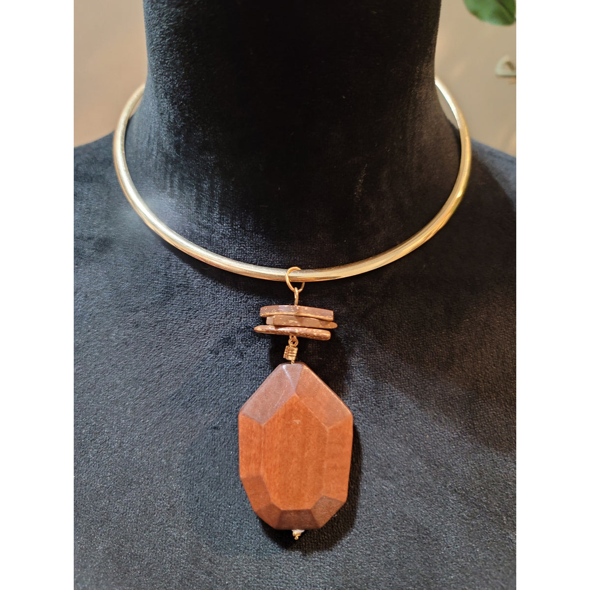 Carol for Eva Graham Wooden Pendant with Gold Choker and Matching Earrings