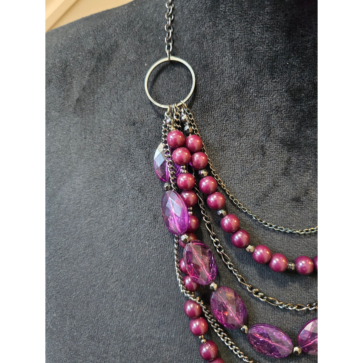 Womens Silver Tone Multi-strand Purple Round Faux-pearl Beads Statement Necklace